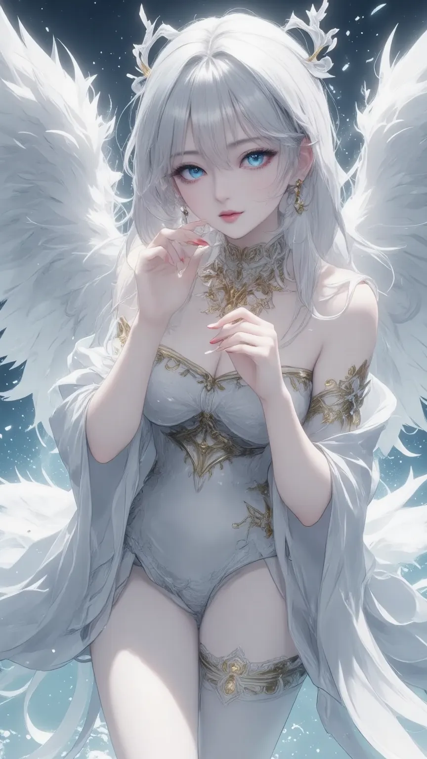 Six-Winged Angel Goddess， Delicate Face ，Liu Hai Long Hair,White hood, Light makeup，feather headdress, Chest, White Tights，x belt，Random Actions， Ukiyoshi, 