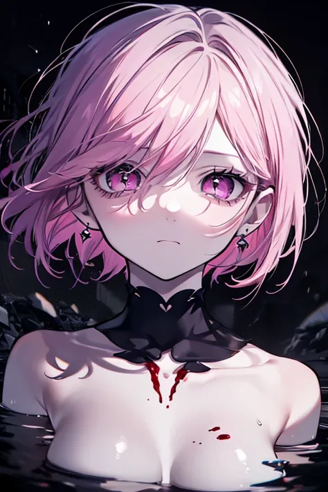 Dying Beauty、White Skin Soaked with Blood、Bloodbath、Ephemeral Long Lashes、Short Pink Purple Hair、earrings、An eternal farewell、Ephemeral Disappearing Life、STRONG LIGHTING、Blood pouring out 、Collapse、Impressive Ending絶望的な美,Portrait,digital art, Dark , super ...