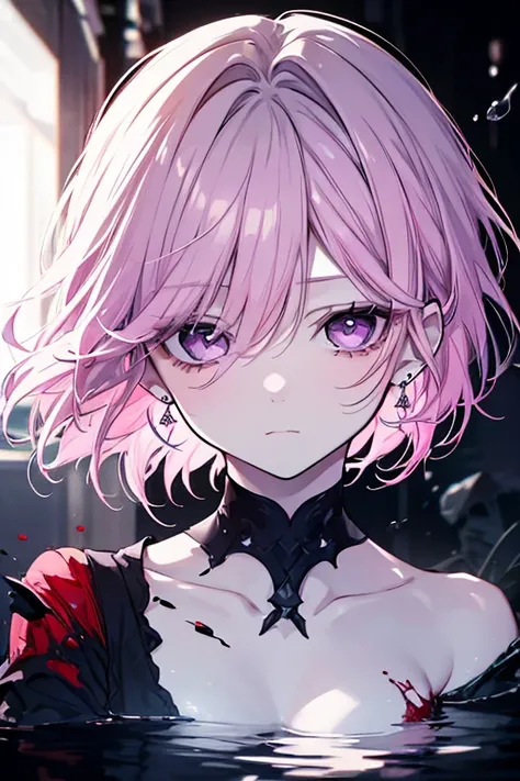 Dying Beauty、White Skin Soaked with Blood、Bloodbath、Ephemeral Long Lashes、Short Pink Purple Hair、earrings、An eternal farewell、Ephemeral Disappearing Life、STRONG LIGHTING、Blood pouring out 、Collapse、Impressive Ending絶望的な美,Portrait,digital art, Dark , super ...