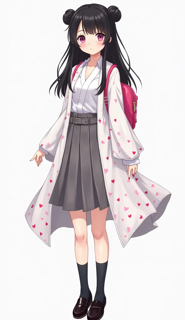 Japanese anime age woman with long straight black hair with two pigtails and short locks and intense magenta eyes and red nails and wears a white shirt, a grey skirt, a white satin cloth robe with a pattern of small red hearts. The robe has long sleeves an...