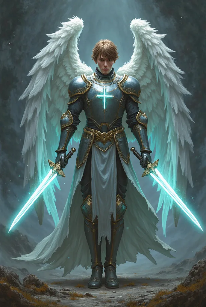 full-body image of a male paladin with ghostly wings,  short brown hair, a suit of armor, And on the chest of the armor there is a cross, Around him are several ghostly swords floating, The armor has gold details and the landscape is in a dark place but em...