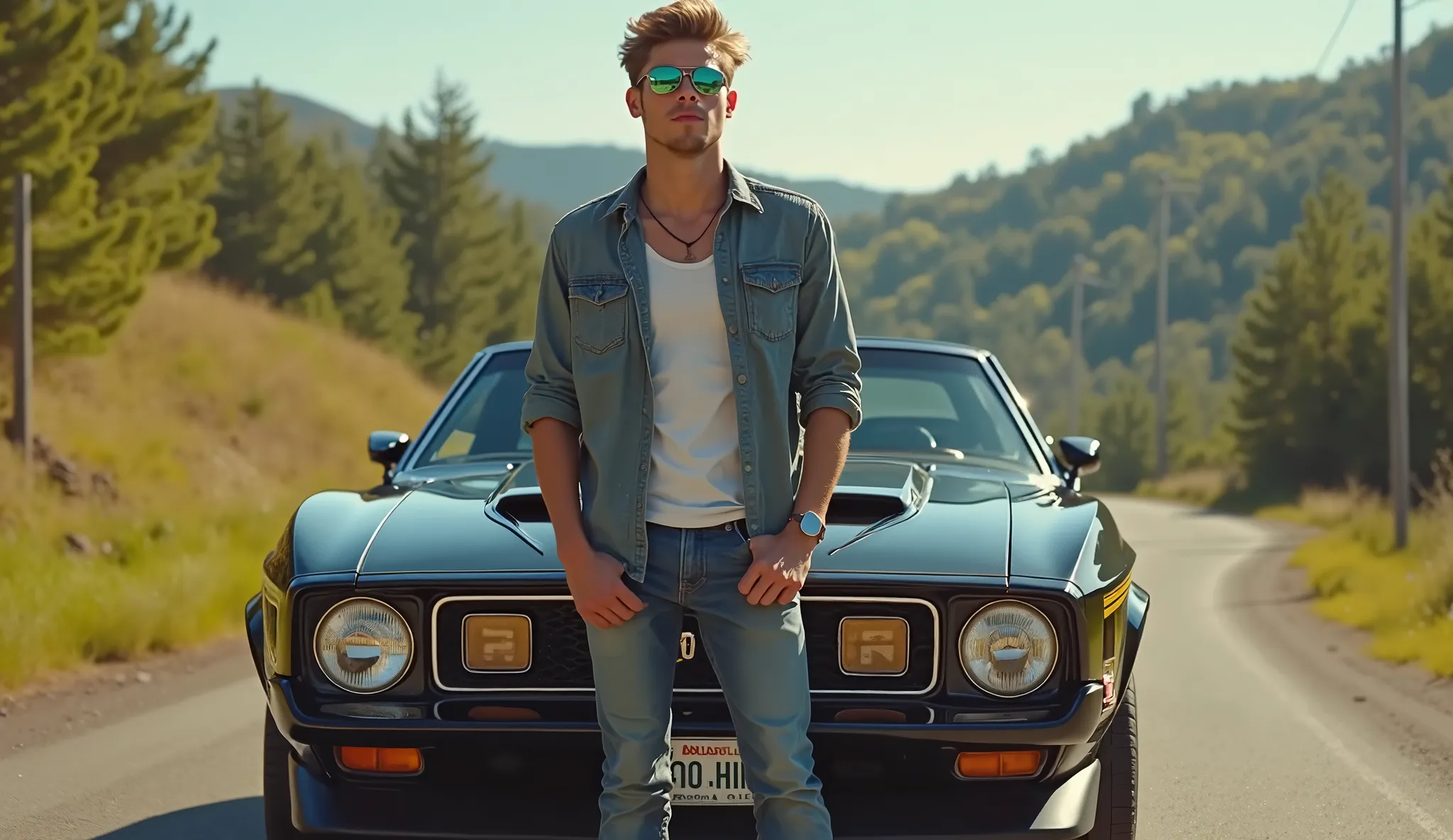 A 22 year men standing on a road in front of his black mustang 1976 car, wearing mirrored sunglasses, wearing a jeans shirt, an image inspired by Ismail Acar