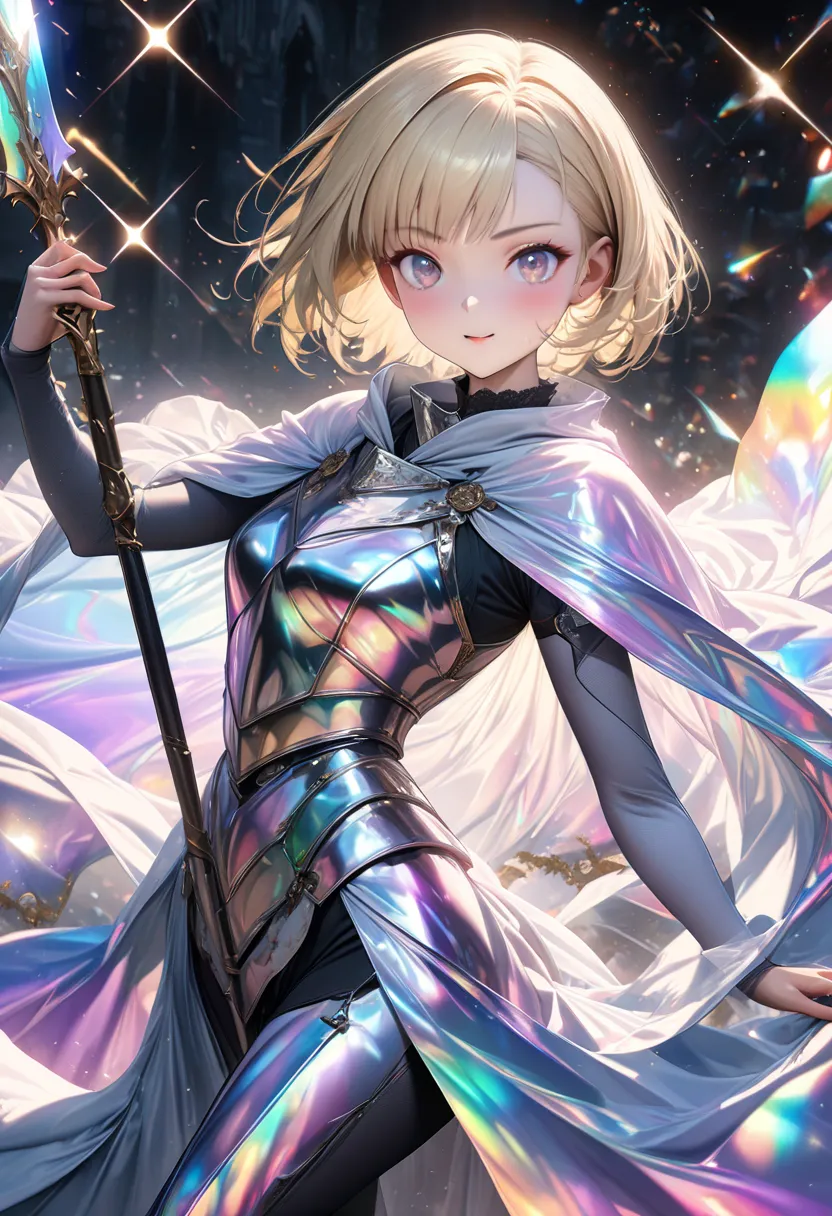 ((Beautiful and cute European woman, knight, western-style plate armor, blonde, short hair, holding a magic spear, delicate and dynamic, cool, Ryugujo, seamless image fusion, highest quality, ultra-high resolution, 16k, incredibly high resolution, highly d...