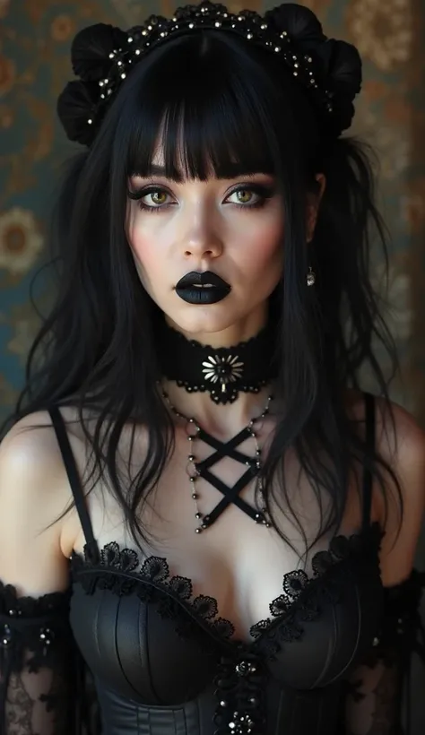 a woman with the face of Jennie from Blackpink, with black makeup and black lipstick with a black corset,  Gothic horror vibrations , gothic aesthetics, estética de  goth girl, Jet black hair with fringe, Dark Gothic Queen,  gothic atmosphere, Brighter bac...