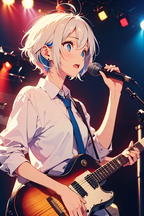  girl、white short hair、streaked hair、highlights hair、blue eyes、 punk rock 、tie、earrings、guitar、microphone、beautiful、Older sister、 boyish 、cute、 stage
