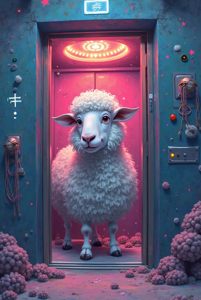 A drugged sheep in an anime elevator