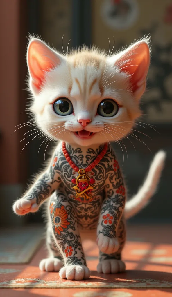 Cute sweet Kitten with tattooed human skin yakuza kitten Japanese style Japanese style historical style Japanese culture yakuza kitten happy smile walks in front of the camera walks like Animals 