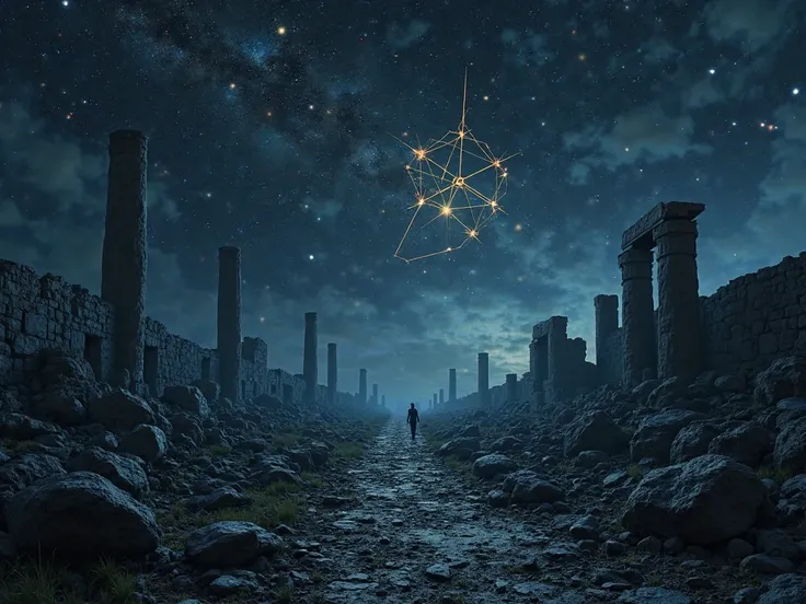  A dark landscape , where the ruins of ancient civilizations are mixed with mysterious symbols floating in the air. A night sky full of twinkling stars and constellations that form ominous figures, creating an atmosphere of mystery and omen.