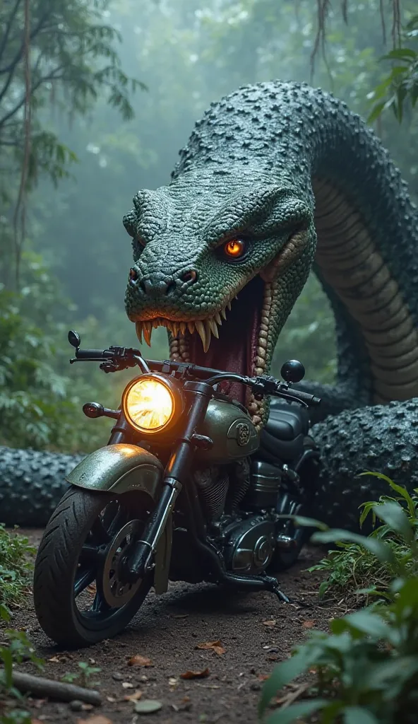 "A gigantic serpent with massive fangs and glowing eyes is swallowing an entire car. The snake's body is coiled around the motorcycle crushing it as it devours the front end. The setting is a dark, misty jungle with eerie lighting, emphasizing the terrifyi...