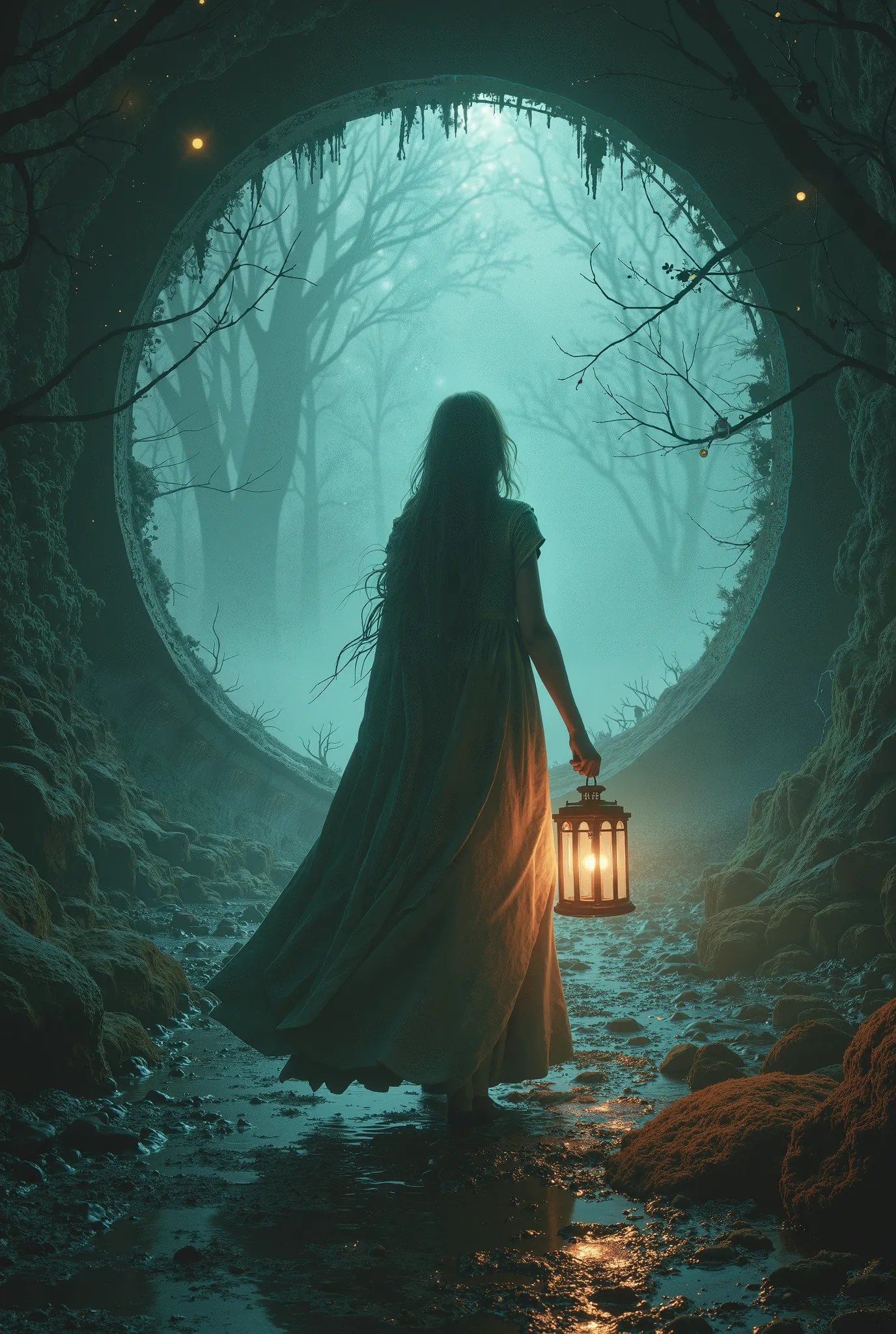 A digital illustration inspired by the works of Simon Stålenhag, depicting a mysterious circular portal glowing with eerie lights, a woman dressed in a vintage gown and a flowing cape cautiously stepping forward, gripping a lantern, soft yet dramatic light...