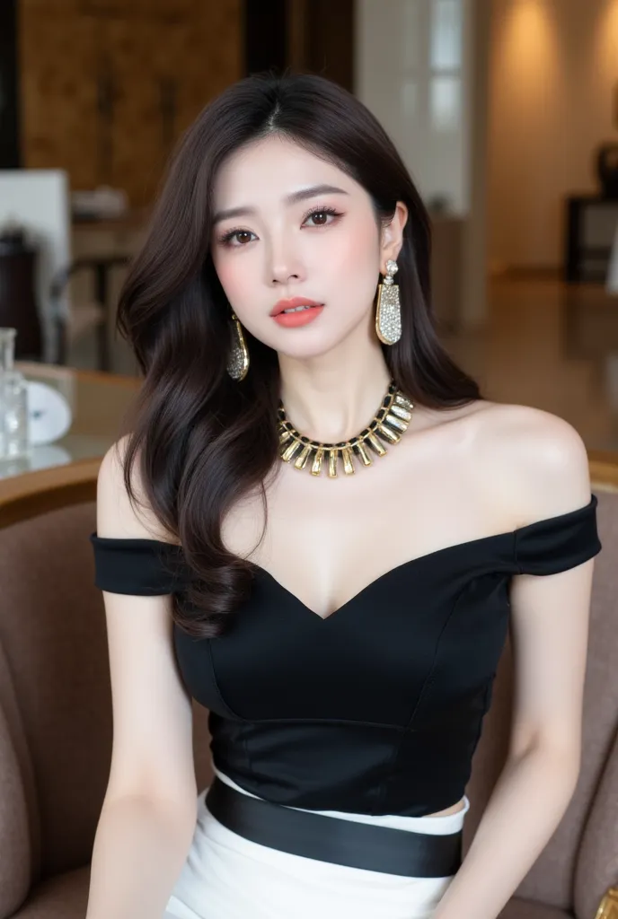 Super detailed body, super detailed face, best quality, close up, beautiful Korean female model top, fair skin, pretty face, brown eyes, black custom off-shoulder shiny high collar evening dress, white pencil skirt, makeup, shiny accessories, Egyptian styl...