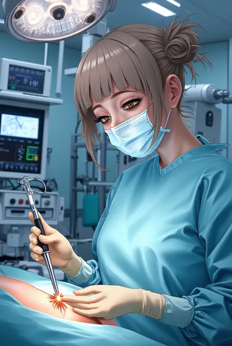 Anime Female surgeon holding a colonoscope wearing latex gloves surgical mask operating room background