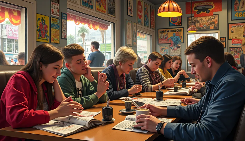 People enjoying their coffee in a coffee shop while flipping through comics, walls decorated with iconic symbols of superheroes from DC comics.
