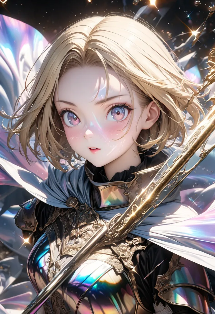 ((Beautiful and cute European woman, knight, western-style plate armor, blonde, short hair, holding a magic spear, delicate and dynamic, cool, Ryugujo, seamless image fusion, highest quality, ultra-high resolution, 16k, incredibly high resolution, highly d...