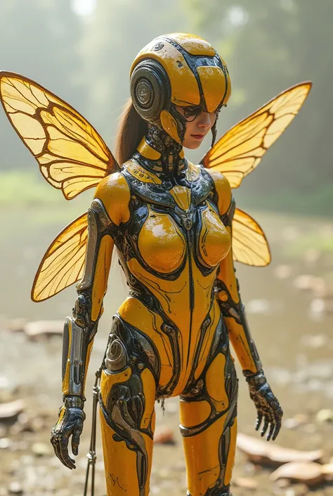 Insect-type Cyborg Girl, (top-quality:1.2, masterpiece), ultra-high resolution, ultimately surrealism, (Photorealsitic:1.4), (Like a queen bee (mechanical:1.4), (armor:1.1)), mechanical large wings, Yellow and black porcelain body resembling a wasp, mechan...