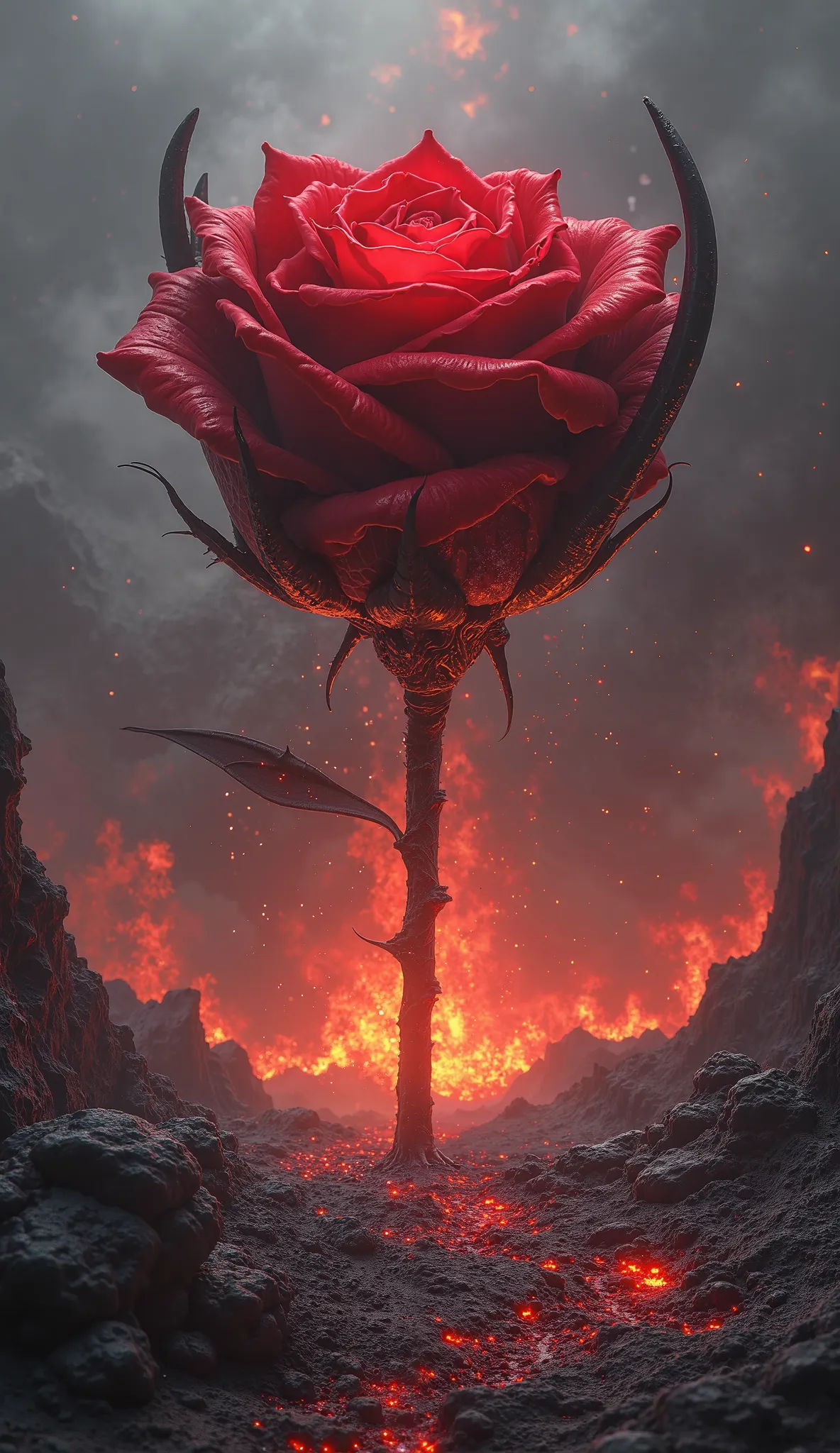 Hyper-realistic, high detail. In the heart of a scorched, infernal wasteland, a small, crimson rosebud trembles amidst the cracked, volcanic ground. The surrounding black and violet flames flicker violently, as if sensing an unnatural disturbance.

The dem...