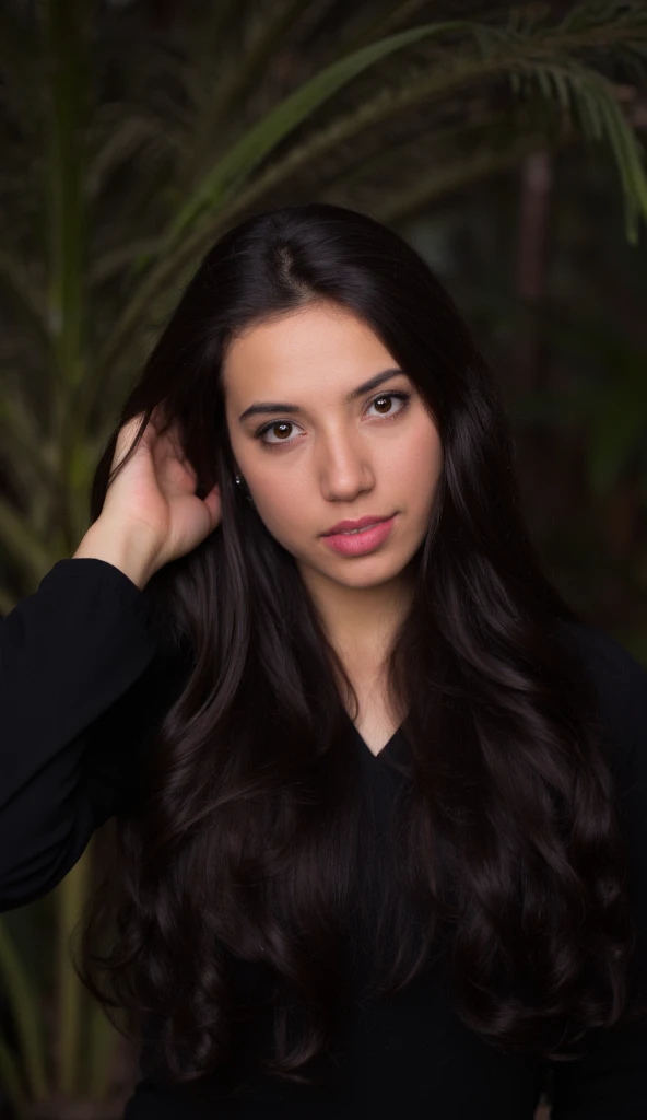  Ultra HD, 4K,  Ultra detailed,  kinematic, a Kodak Ektar analog film photograph of a Brazilian woman with long dark brown hair and a black blouse detailed image,  sharp edges,  kinematic, Cinematography, Kodak Ektar, epic,  beautiful lighting, Inspiration