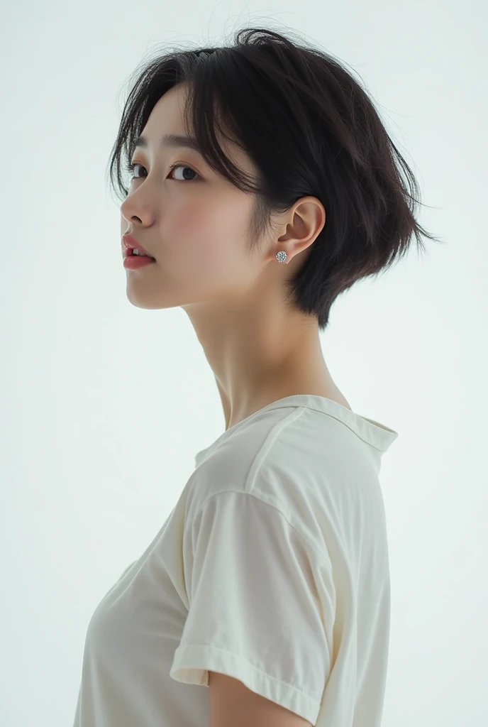 realistic light,natural light,white background,top quality、8 thousand、32,000、masterpiece、UHD:1.2)、photo of korean woman、Korean Shorthair,front position,black hair、upper part of the body,bust、from above、시스루 앞머리 , appreciate, beautiful pic,Short hair,jaket,l...