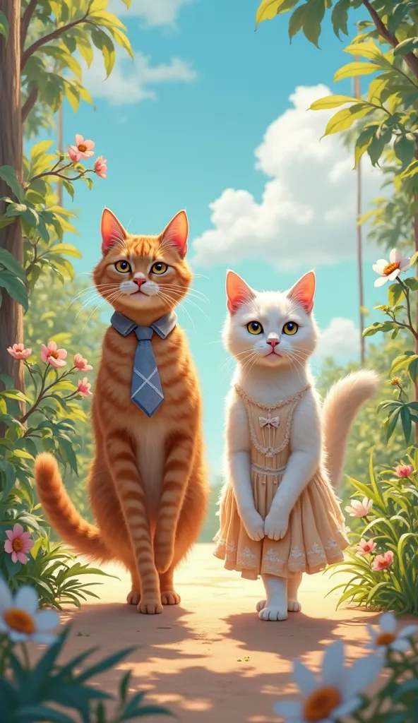 creates a very detailed image of a brown cat,tie dress,walking in the company of a beautiful white cat,dress of a beautiful summer dress 