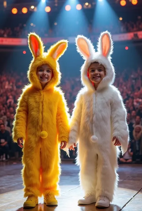  Under the dazzling spotlights of America's Got Talent , two twin brothers a  dressed in bright gold-yellow clothes imitating rabbit fur.The  dressed in a white dress imitating rabbit fur they are on a stage next to each other.