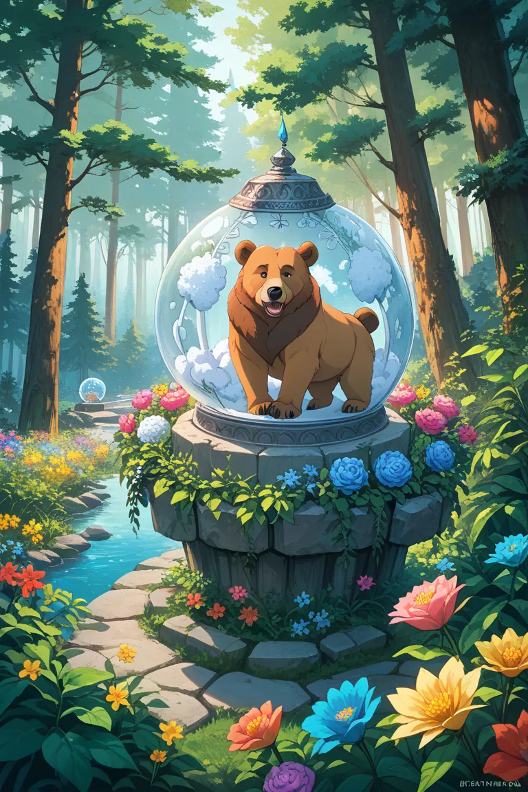 has a forest on a pedestal、2 bear characters、 Colorful Flowers 、bee蜜、 clear、bee、Game、ssr、 snow globe 