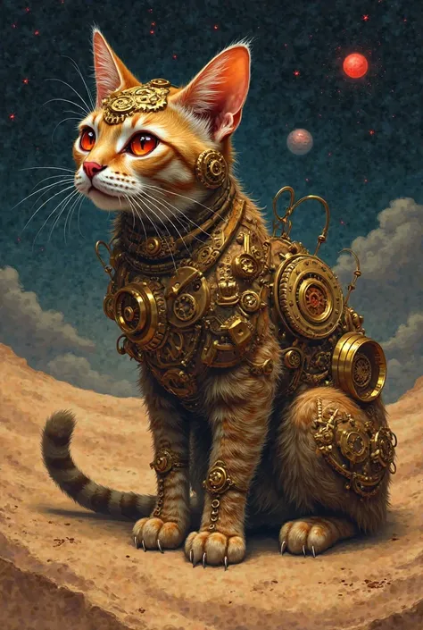  steampunk, Cats consist of many golden gears, various shades of brown, Desert, Sand, whirled sand, Fantasy Style, very realistic, Fire red eyes, sharp claws,  mystical atmosphere , At night, red stars and planets in the sky