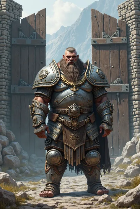 a ferocious dwarf with armor on a gate