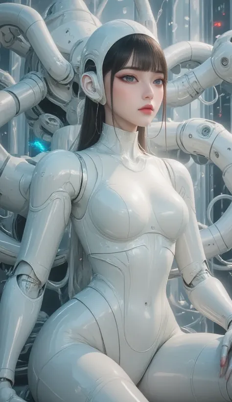 masterpiece, best quality, extremely detailed, Japanese android girl,Plump ,control panels,robot arms,robot,android,cyborg,white robot body,ceramic body,perfect robotgirl,blunt bangs,sumo wrestler,blue eyes