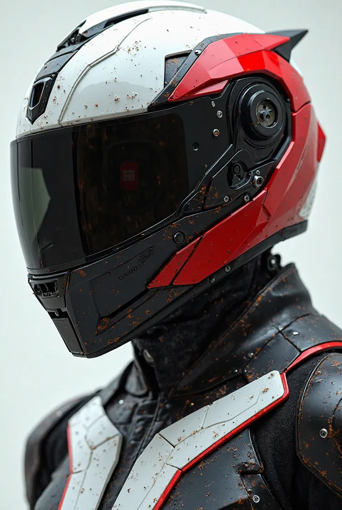 a motorcycle helmet more like an airplane helmet, with black, red and white colors, complete clothing with the same aesthetic 