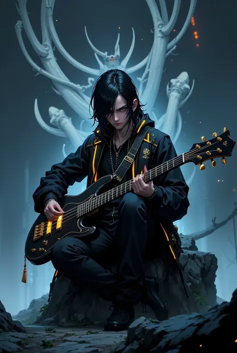  male in his 40s、Beardless、Long hair asymmetry、has yellow light lines on my clothes、Carrying a bass guitar、The background is evening、 cyber、around one eye、I'm sitting cross-legged on a skeleton、Yellow eyes、Clothes look rock、The bangs cover one eye