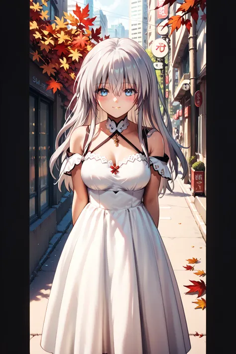 woman、 beautiful and well-groomed breasts 、Silver Hair Long Hair、rich contrast、 Extremely High Quality 、8k、Very Delicate CG Unit、Wallpaper NSFW , 1woman,small eyes,bangs between eyes,medium breasts,
White dress,off shoulder dress,city,street,trees,maple tr...