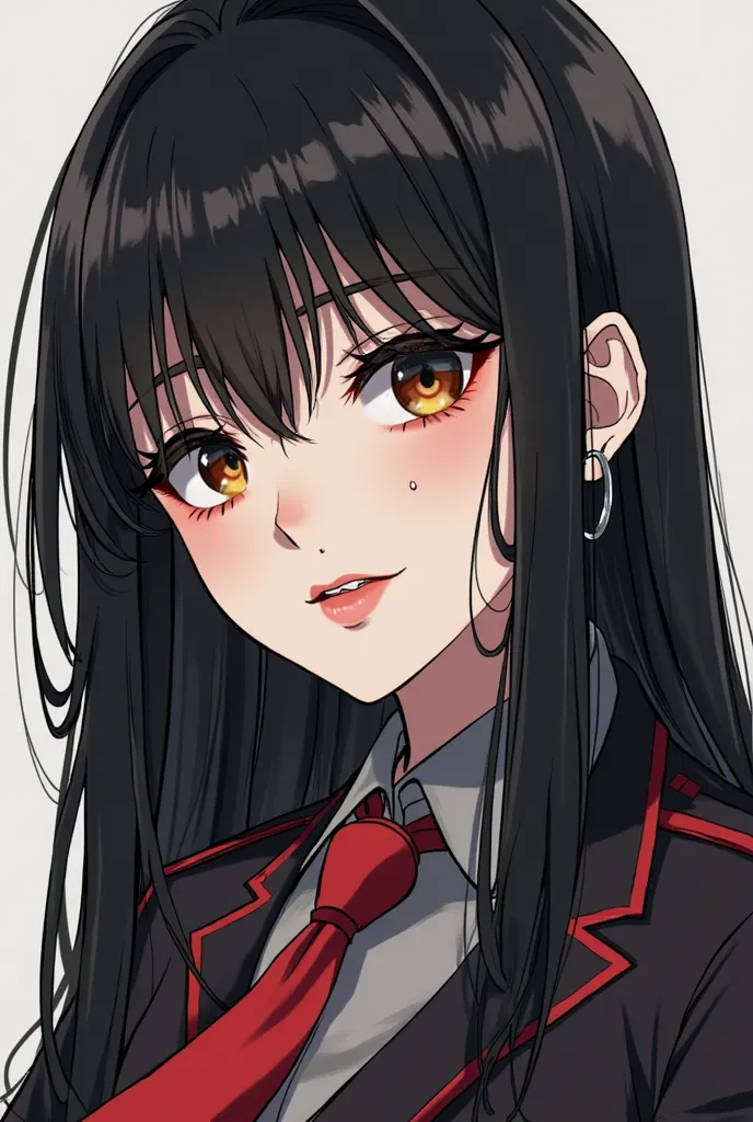 Tokyo Revengers anime style, woman with straight black hair up to the waist, thin but curvy bangs for the,slightly torn brown eyes, white skin, long eyelashes, Grungre makeup,  a mole under the right eye , lips with a marked cupid's bow, a piercing in each...