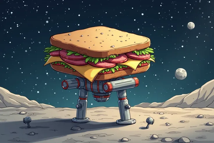 a hero sandwich with lunar lander legs landing on the surface of the moon, outer space, comical