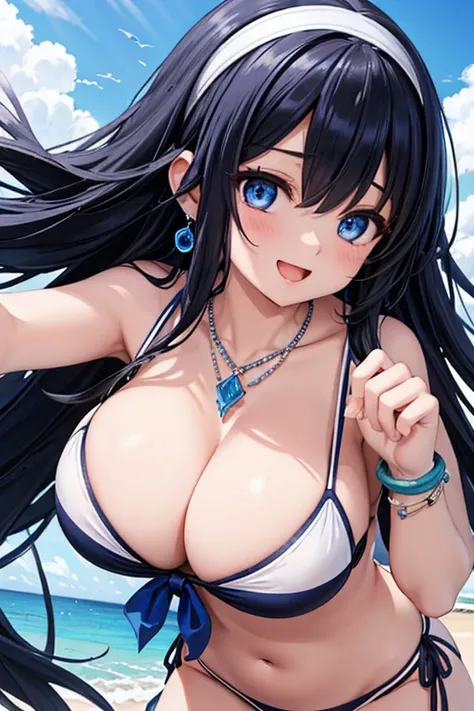 Highest quality、Highest quality、masterpiece、 beauty、dark blue long hair、 blue eyes、 Sexy White Bikinis (dark stripe )、Big Cleavage、(Big Breasts)、smile、 Blue Necklace 、 blue earrings for kindergarten ren、background( beach)、 please open your mouth wide 、  wh...