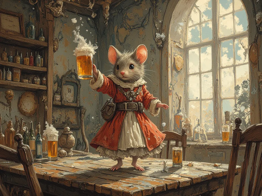 A mouse dressed in medieval peasant robes dancing on a table, standing on table, raising a beer in the air, In fantasy art style, masterpiece,  best quality , Super Detail, an epic, 4K, cinematic light, ultra-detailed,  8k resolution ,(high quality, 8k, 4K...