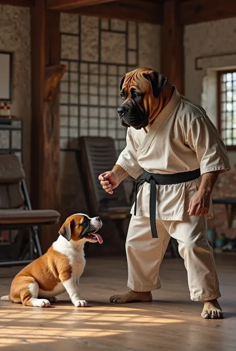 A St. Bernard cub is hiding under the floor of the dojo, and make a picture of a pit bull terrier kung fu master assaulting St Bernard's dad who got into the dojo. Saint Bernard and Pit Bull Terrier in uniform