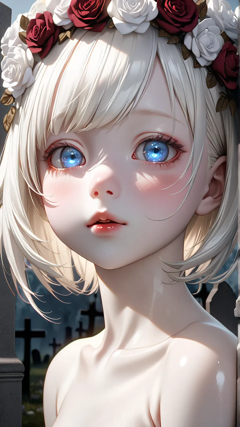 (( top quality)), (( Masterpiece)), ( Details),( Shiny Skin , shiny body), no underwear, top quality , Hi-Res, super fine,8k,Details eyes,2.5D, (((naked glossy dead albino girl doll))),Realistic, delicate and sophisticated eyes,(( high detailed background)...