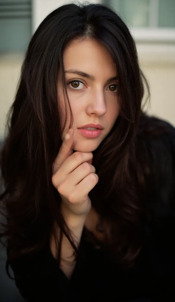  Ultra HD, 4K,  Ultra detailed,  kinematic, a Kodak Ektar analog film photograph of a woman with long dark brown hair and a black blouse detailed image,  sharp edges,  kinematic, Cinematography, Kodak Ektar, epic,  beautiful lighting, Inspiration