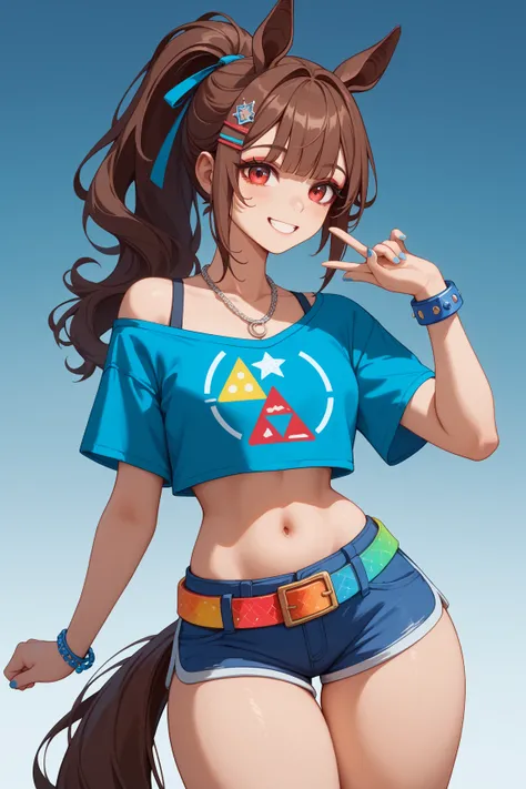 1 girl、Red dark brown hair、((( blue mesh in the hair ))、 star-shaped hairpin with bangs split to the right、 gal、 horse ears、((blue off-the-shoulder shirt))、(( White Hot Pants))、((white shorts))、square necklace、Fluorescent light blue ribbon ring on right th...