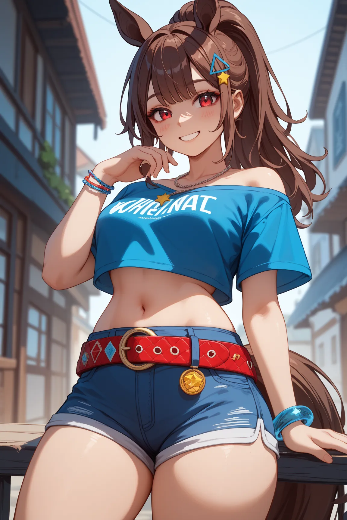 1 girl、Red dark brown hair、((( blue mesh in the hair ))、 star-shaped hairpin with bangs split to the right、 gal、 horse ears、((blue off-the-shoulder shirt))、(( White Hot Pants))、((white shorts))、square necklace、Fluorescent light blue ribbon ring on right th...