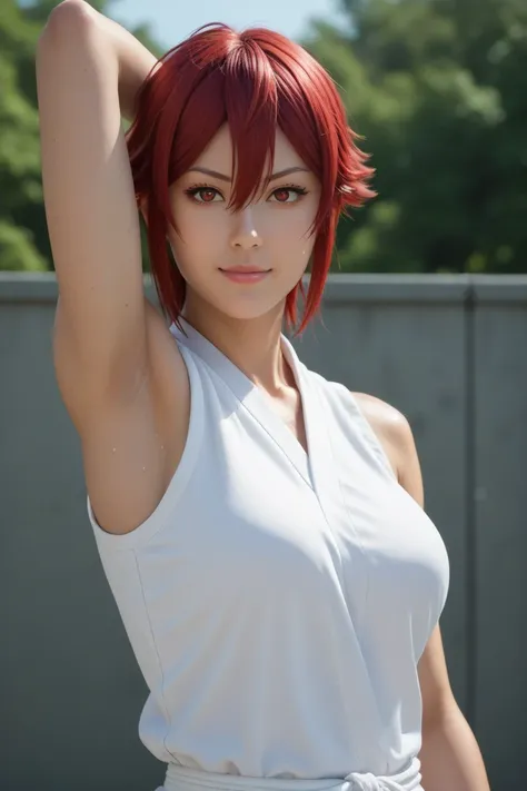 score_9, score_7_up, source_anime, detailed background, (upper body, medium shot:1.4), solo, 1girl,  tomo aizawa, short hair, red eyes, hair between eyes, red hair, karate outfit, sleeveless, large breast, muscle, spread armpit, arm up, armpit, lay hand on...