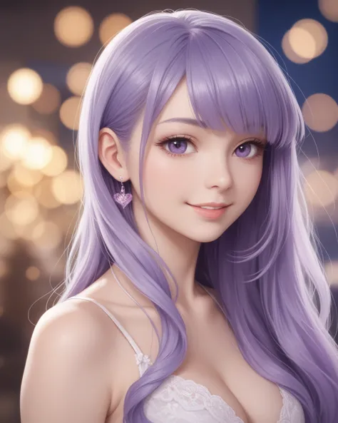 1 , High resolution, Long hair, fringe, simple bottom,  purple eyes, breasts, makeup, Slight smile, Tachi-e, Pillarboxed,  Panorama , Kanzashi, bokeh,  anime illustration 