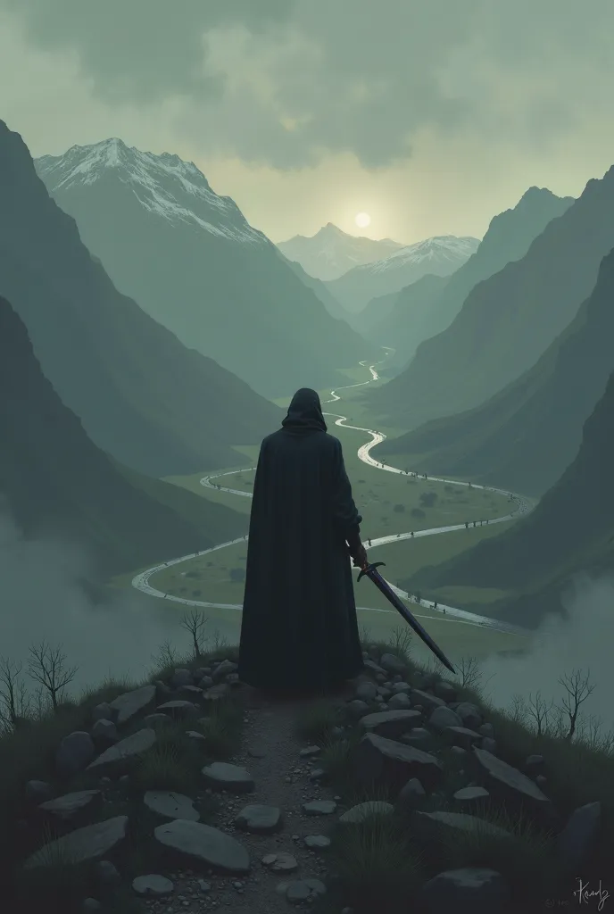 A dark figure with his back turned and on a hill with a sword steering at a valley with two paths  With the words to be or not to be 