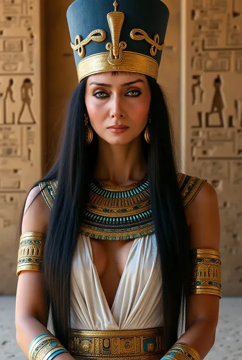 A stunning and regal Egyptian queen or goddess with a captivating gaze, long straight black hair, and golden accessories. She wears an elaborate golden headdress adorned with a cobra symbol, large golden earrings, and an ornate broad collar necklace with t...