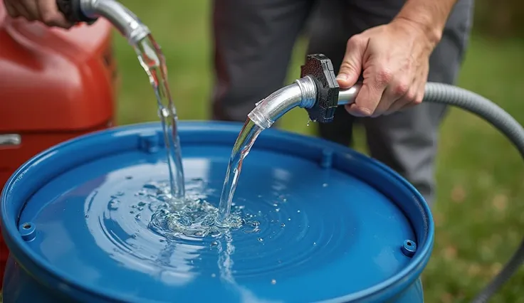 An image of a hand pump being used to transfer liquid from a 55-gallon drum, showing the flexible hose connected to the pump. The focus should be on the hose connection, demonstrating how the pump allows easy flow with no spillage or leaks