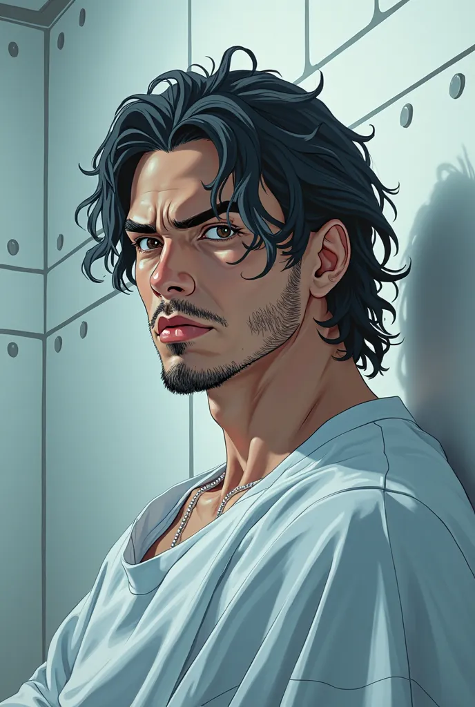 a young latino man with long wavy black hair and brown eyes, and a very short beard, is wearing a hospital gown looking angerly at his surroundings in a padded white room, dream core, adult anime art style 