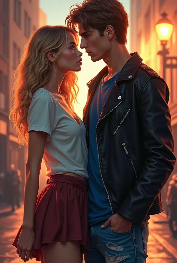 An immersive romance cover in the style enemies to lovers, with detailed digital art and dramatic aesthetics.  in the center, a couple in a pose charged with tension and chemistry. The protagonist is a young woman with natural blond hair, wavy, and light b...