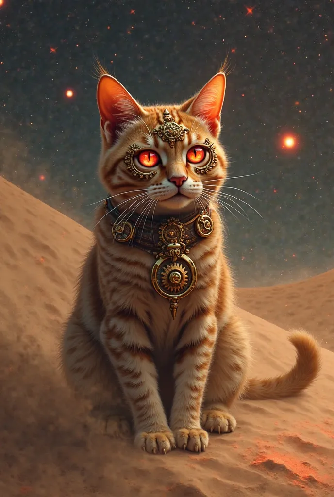  steampunk, Cats consist of many golden gears on their face too, various shades of brown, Desert, Sand, whirled sand, Fantasy Style, very realistic, Fire red eyes, sharp claws,  mystical atmosphere , At night, red stars and planets in the sky, moving , San...