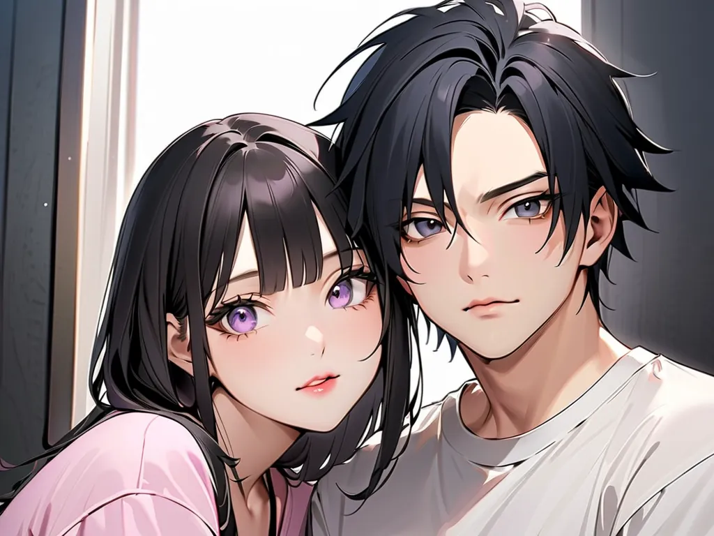 Sasuke Uchiha Adult, black hair,  black eyes, A MAN IN HIS 20S, STRONG FACE STRONG CHIN, A Lilac-eyed Hinata Hyuuga WOMAN IN HER 20S, dark pink lips,  Japanese couple . casual black. masterpiece. ALTA R ES.  look at the camera . face photo.