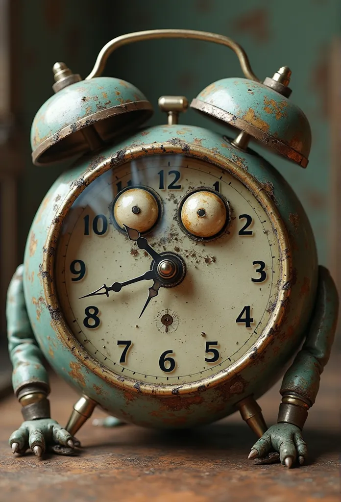 A hyper-realistic, ultra-high-definition 4K render of a bizarre yet charming creature fused with an old-fashioned alarm clock. The creature’s main body is a vintage metal clock with slightly worn-out paint, tiny scratches, and subtle rust forming around th...